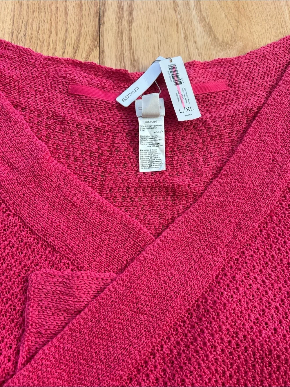 NWT Chico's Wild Rose Pink Open-Knit Lightweight Wrap Sweater L/XL Cardigan